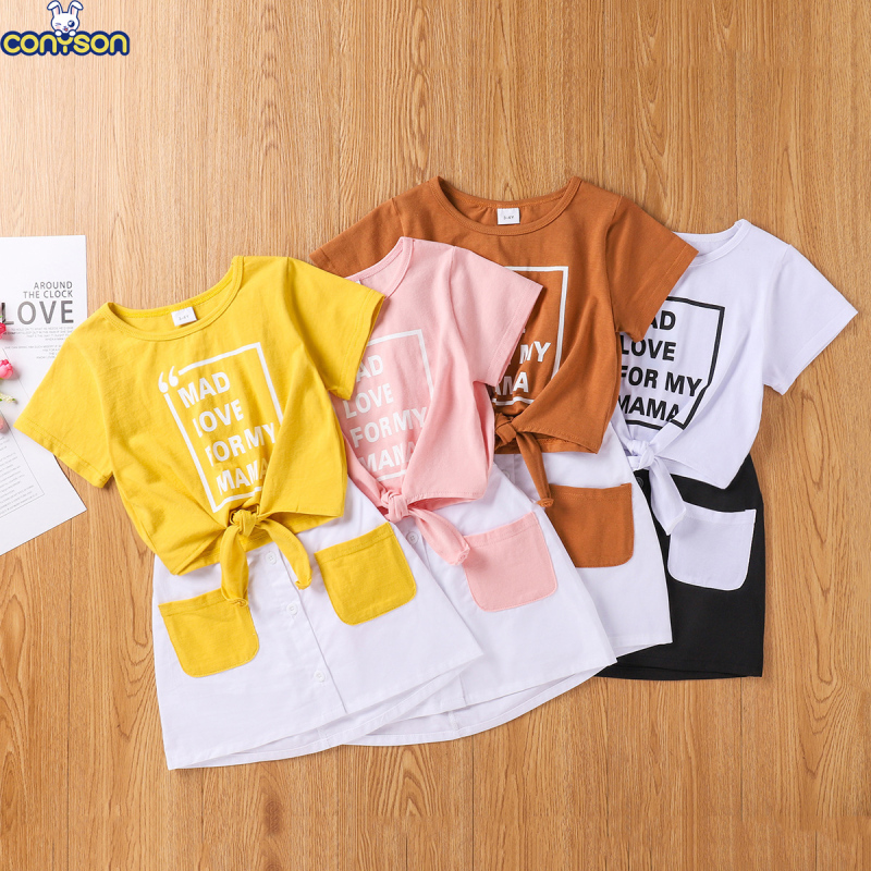 Conyson Wholesale Summer New Letter Print Tie Belt Round Neck Shirt and Pocket Skirt Kids Clothes Baby Girls 2Pcs Clothing Set