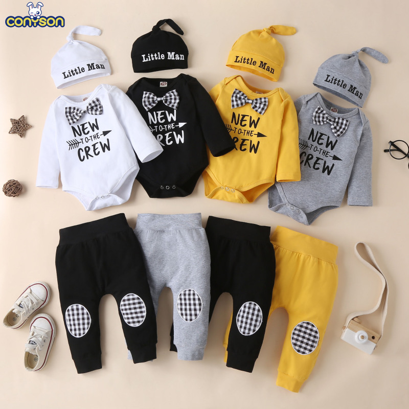 Conyson Autumn and Winter Kids Clothes Boys Long Sleeve Letter Printed Bowknot Embroidered Trousers Hat 3Pcs Clothes Set