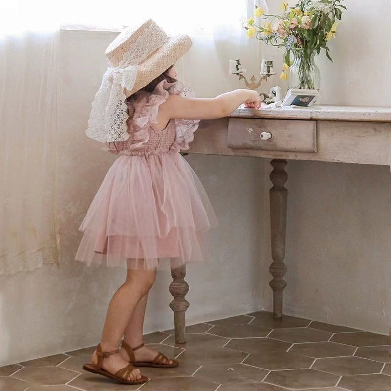 Conyson Hot Wholesale Summer Cotton Sleeveless Korean Style Shirring Design 3-8 Years Kids Clothing Girls Lace Tulle Dresses