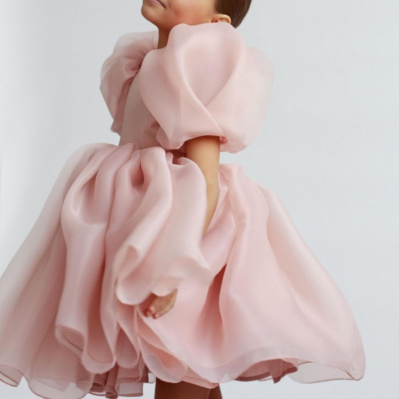 Conyson High Quality Fashion Mesh Girls Princess Vintage Tulle Puff Sleeve Pink Wedding Party Birthday Tutu Dress