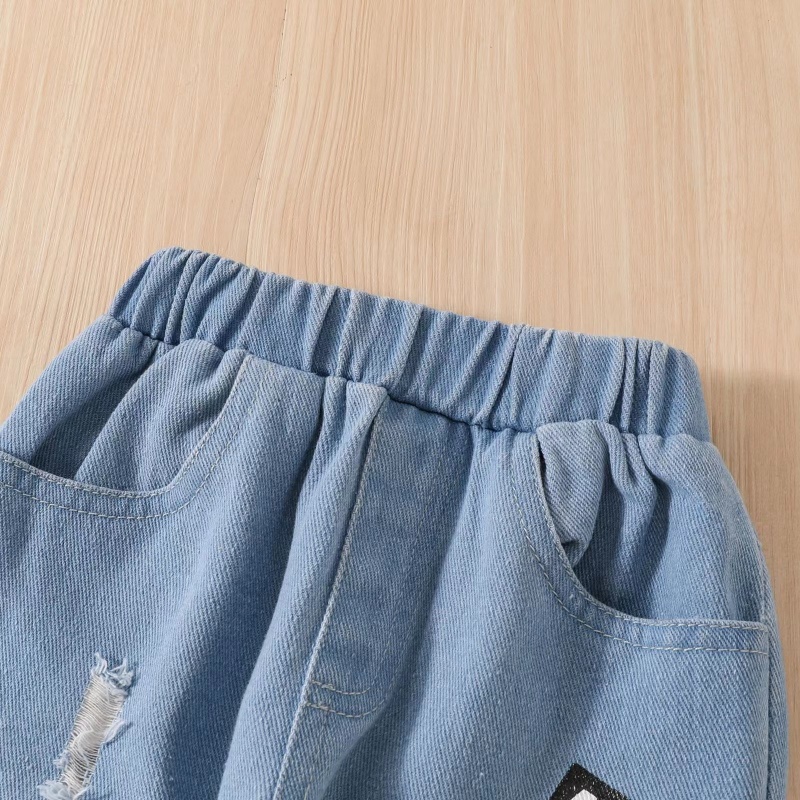 Wholesale spring autumn Mesh Solid Color Shirts Clothes hole pearl jeans sets Girl Fashion Outfits Girl Clothes Sets