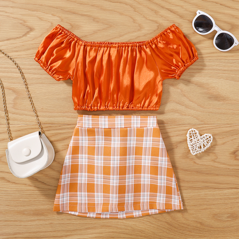 Conyson Fashion Toddler Girls Clothes Sets Short Sleeve Off Shoulder Solid T Shirts+Plaid Printed A-Line Skirts/Shorts Kids Sets