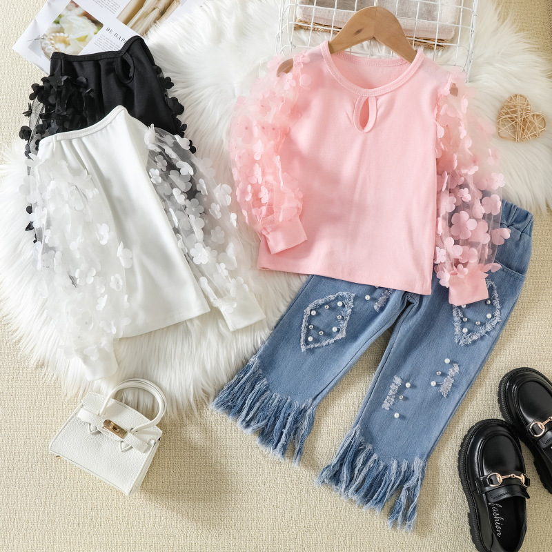 Conyson hot sale fall kids designers fashion boutique baby girls floral clothing suits denim pearl pants wholesale clothes sets