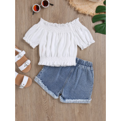 Conyson Wholesale Hot Sale Summer Newborn Fashion Children's Set 2-7Y High Elastic flower denim Shorts Girl 2 Pieces Shorts Set