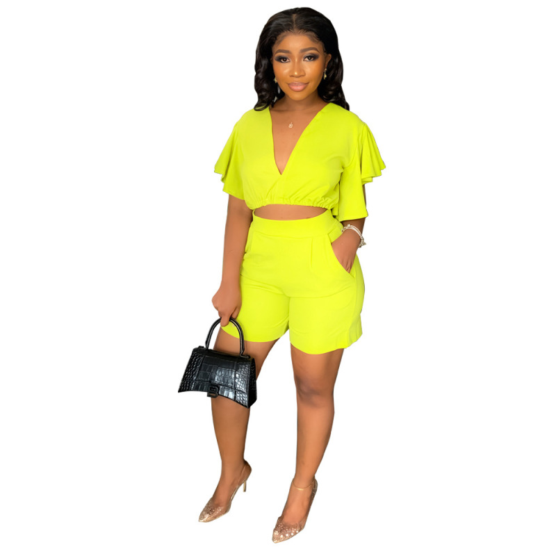 Custom 2023 Wholesale Summer Sexy Ruffled V-neck Top Fitness Outfit Seamless Puff Sleeve Cozy Two Pieces Matching Women Set