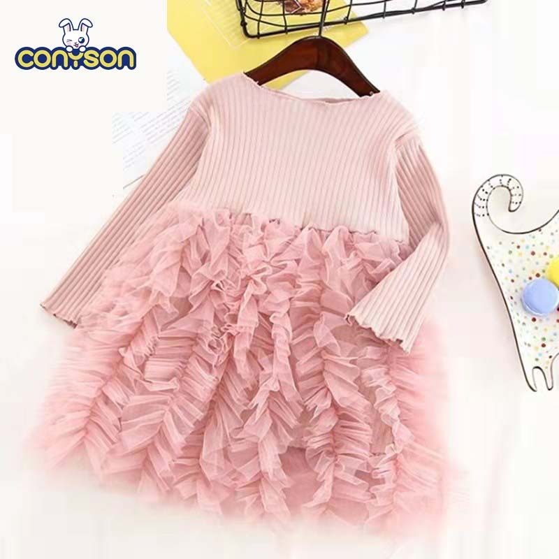 Conyson Wholesale High Quality Spring Mesh Baby Clothing Sets Knit O-Neck New Designers Long Sleeve Girls Princess Dress
