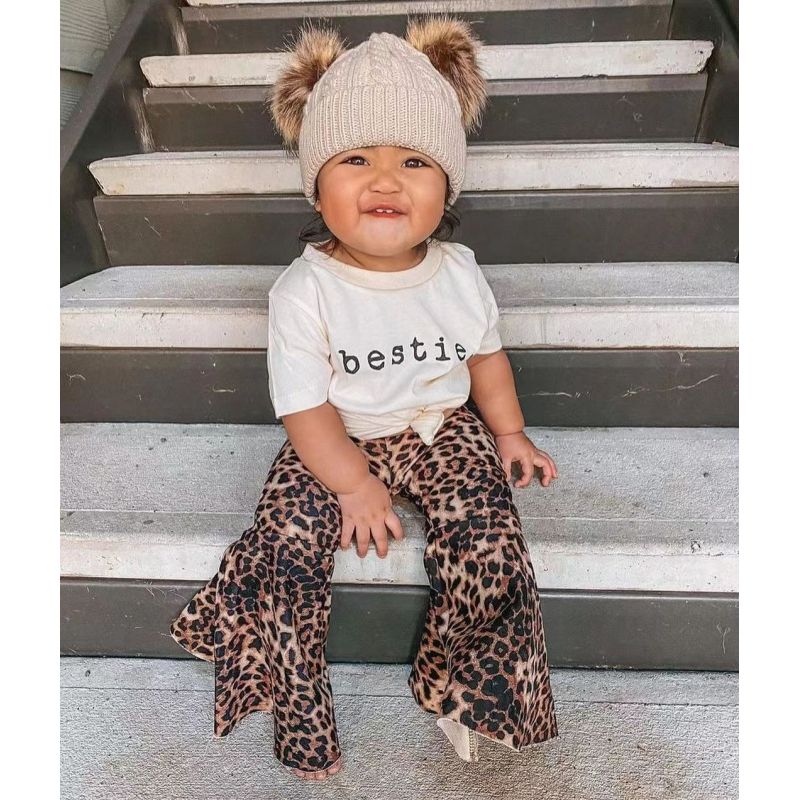 Conyson Baby Girl Clothes Set T-shirt Tops+ Leopard Print Bell-bottomed Pants Flared Pants Outfits Kids Clothes Girls Set