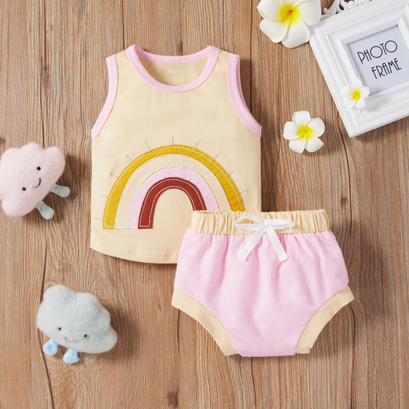 Conyson  Newborn Baby Girls Boys Clothes Sets Kids Clothes Custom Cotton Colors Rainbow Print Sleeveless Vest Tops Shorts Sets