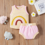 Conyson  Newborn Baby Girls Boys Clothes Sets Kids Clothes Custom Cotton Colors Rainbow Print Sleeveless Vest Tops Shorts Sets