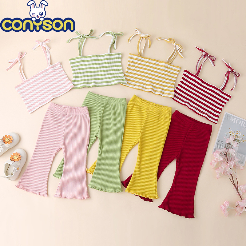 Conyson Wholesale Set summer kids Girl stripe sleeveless rib Tops With pure color clothing set long bell-bottoms children's suit