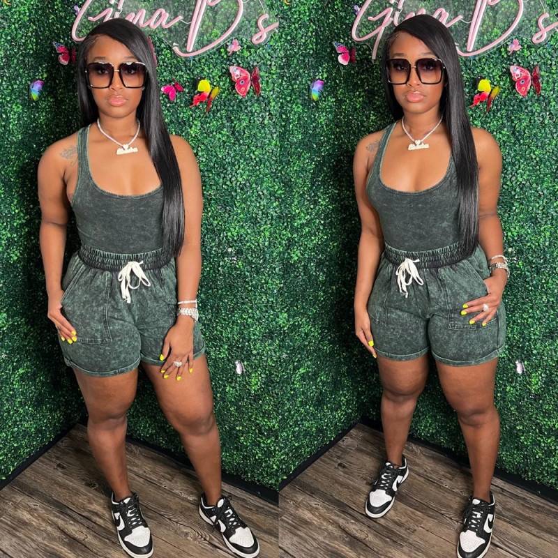 2023 Summer New 2 Piece Set Solid Tie Dye Printed Vest Shorts Suit Tied Rope Fitness Workout Yoga Sports Two-Piece Women Set