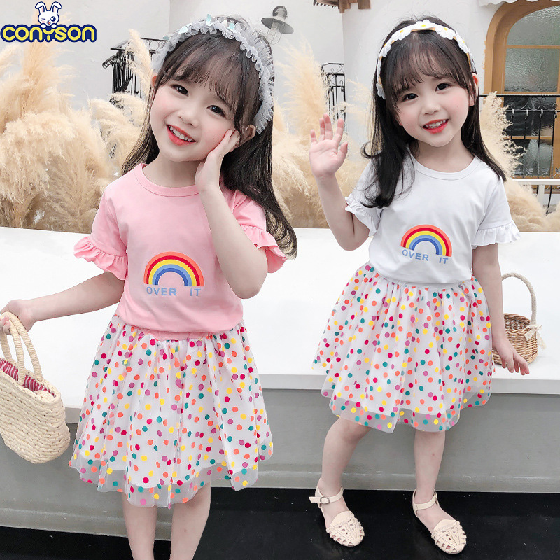 Conyson Summer 2023 New Children's Fashionable Clothes Baby Summer Dress Tulle Skirt Two-Piece Newborn Rainbow Ruffle Girl Set