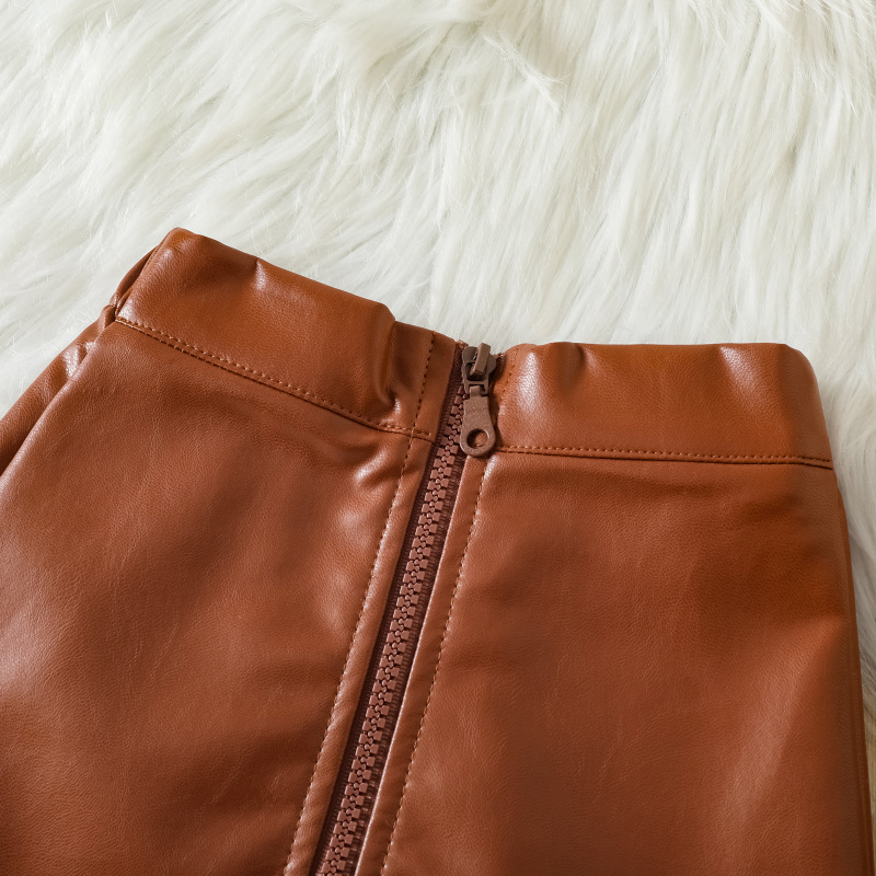 Conyson Cuter Kids Girl Skirts Sets Flower Ruffle Princess Shirts Zipper PU Skirt Two Piece Littler Girls Clothing Dress Sets