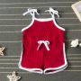 Conyson Summer Sling Shorts Girls' Fashion Sports Beach Pants Clothing Jumpsuit Solid Bowknot Tank Top Knit Kids Girl Sweatshirt