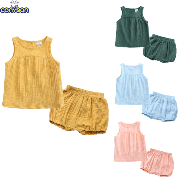 Conyson High Quality Outfit Summer Newborn Organic Solid Infant Brand Clothes Unisex Matching Suit 2 Pieces baby clothing Set