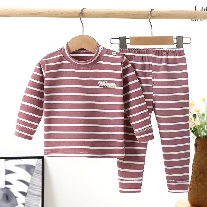 Autumn Winter Newborn Baby Casual Thermal Underwear Stripe Long Sleeves Top Trousers Two Pieces Suits Unisex Pajamas Set