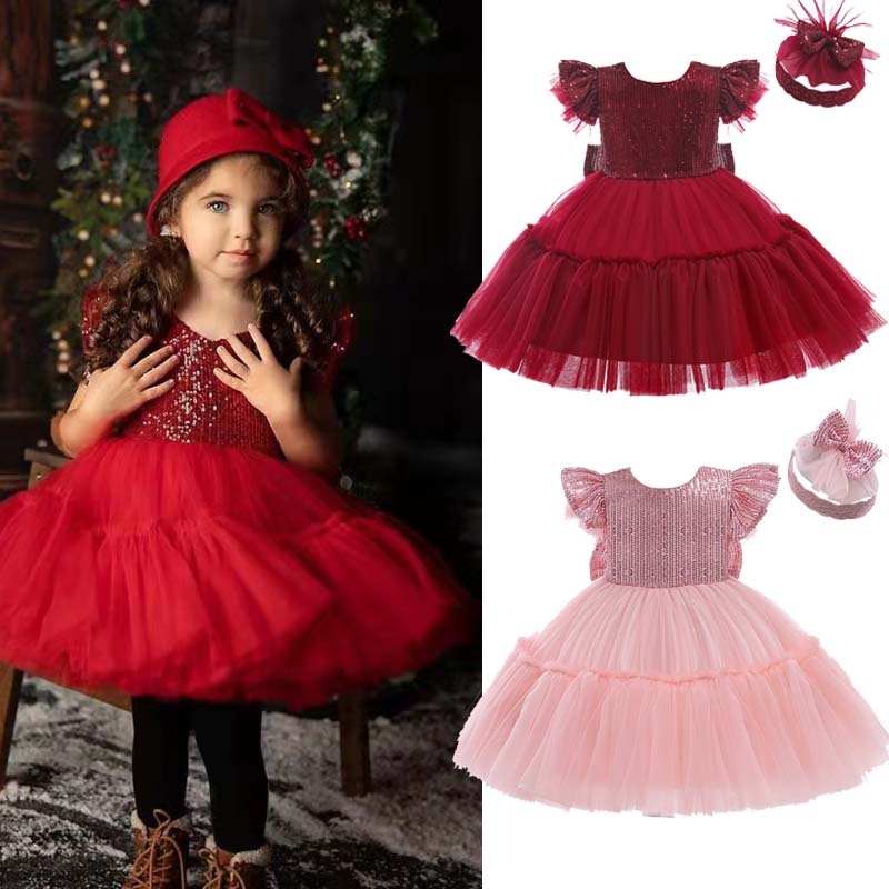 Conyson Wholesale Solid Flower Girl Sequined Princess Mesh Dress Christmas Party Wedding Tulle Tutu Girls Dresses