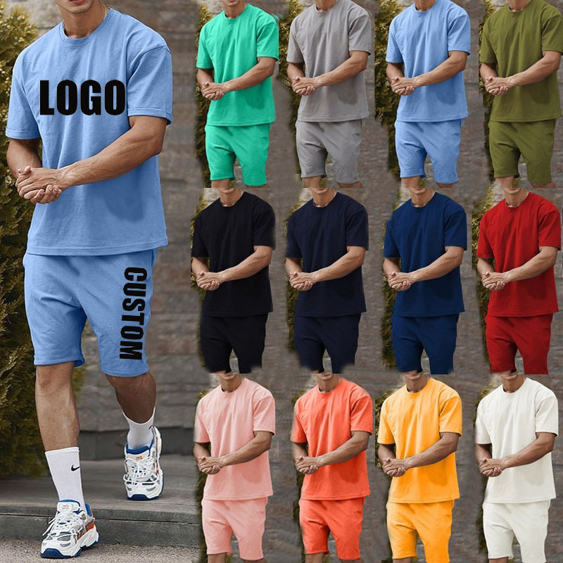 Outdoors plus size men's Custom logo made sport Clothes suit summer solid color man two piece clothing cotton t-shirt short Sets