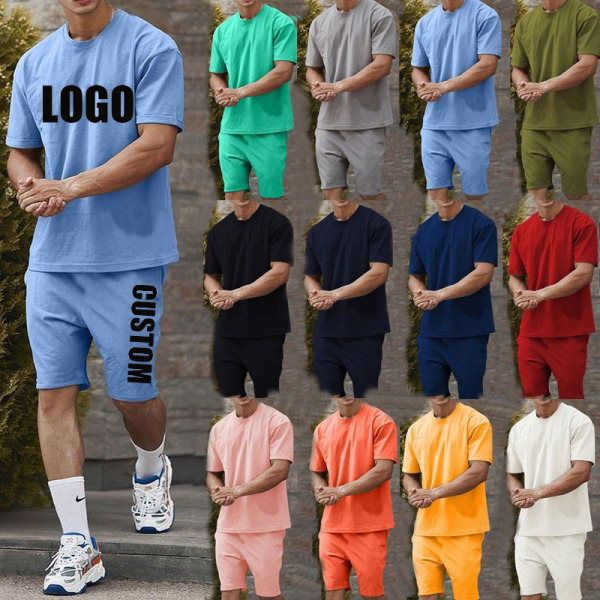 Al aire libre de talla grande para hombre, ropa deportiva hecha con logotipo personalizado, traje de verano de color sólido para hombre, ropa de dos piezas, camiseta de algodón, conjuntos cortos