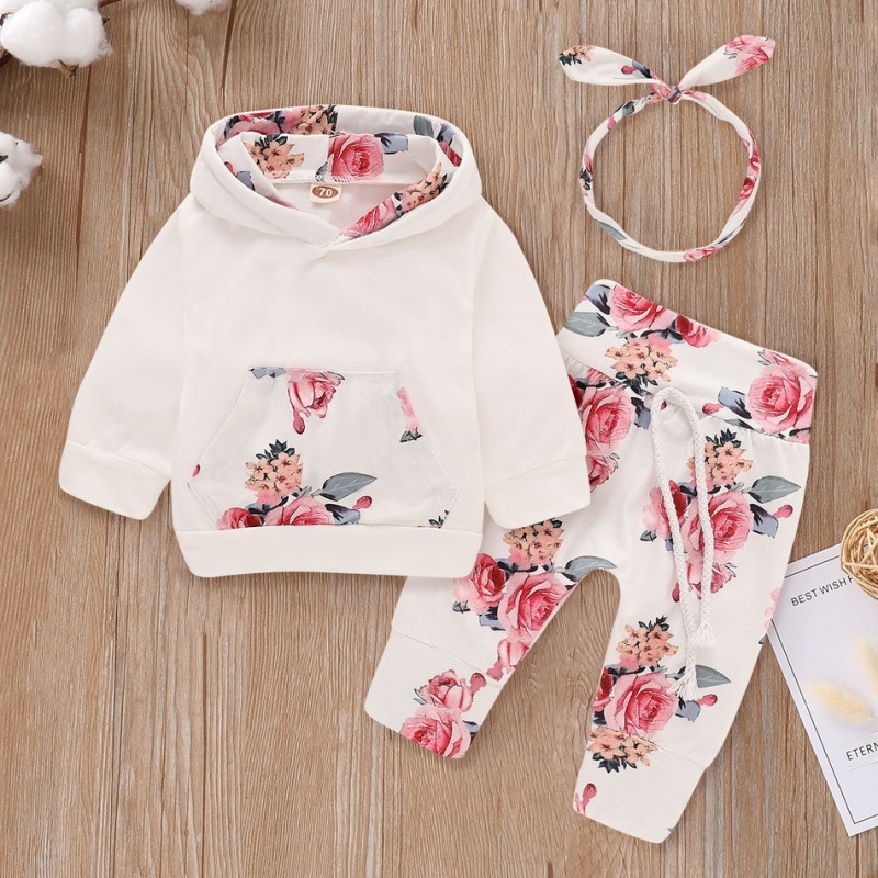 Explosive Casual Hooded Long-sleeved Top Girls' Summer Floral 3 Piece Childrens Tracksuit Set