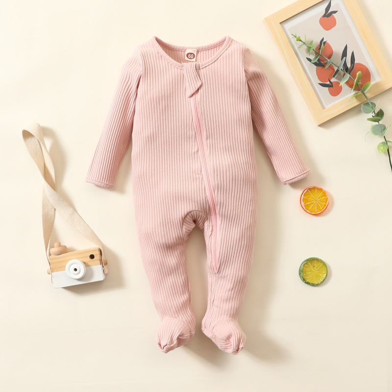 Conyson Spring Design Soft Toodle Infant Comfortable One Piece Clothes Knitted Pullover Long Sleeved Solid Zip Baby Foot Romper