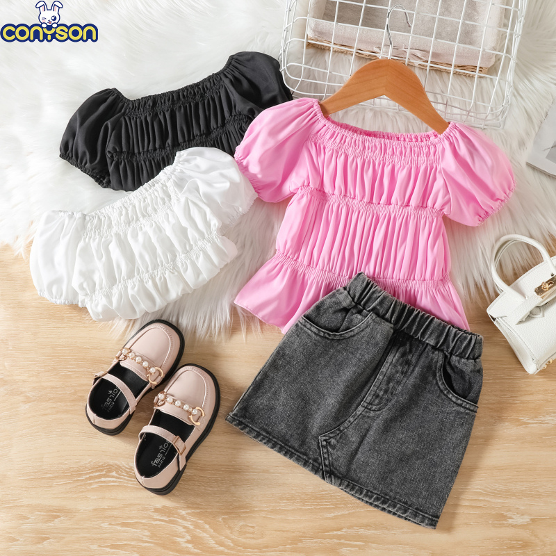 Conyson Off-The-Shoulder Stretch Pleated Lantern Bubble Sleeve Wholesale Ruffle Kids Clothing Short Top Bag Denim Girls Suit