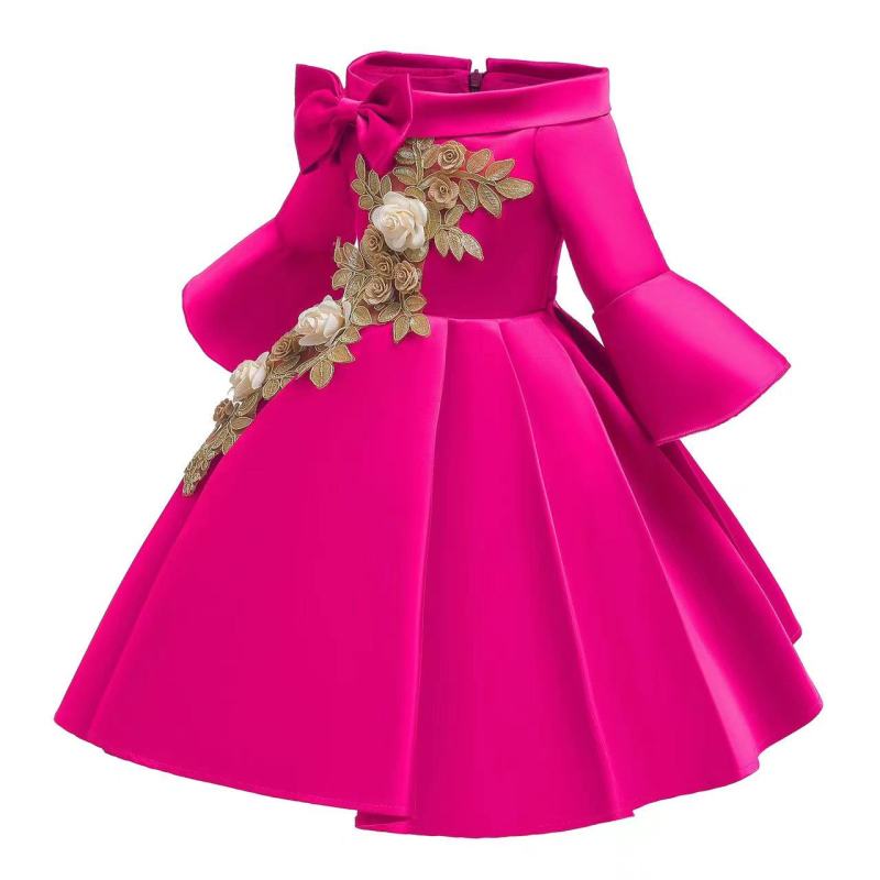 Conyson Formal Little Girls Princess Dress Off Shoulder Medium Sleeve Floral Dresses Zip Party Wear Kids Girl Evening Dress