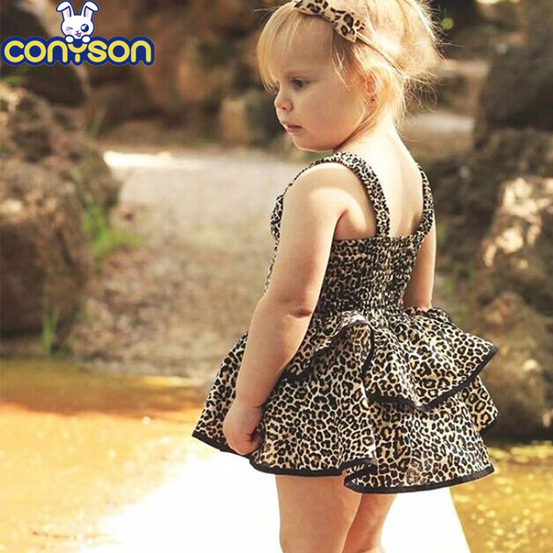 Conyson Hot Sale Spring And Summer New High-quality Beach Leopard Print Halter Bubble Tutu Skirt Girls Kids Dresses