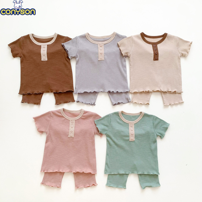 Conyson High Quality Outfit Summer Infants Clothing Unisex Organic Newborn Plain Baby Clothes Knitted 2 Pcs Kids Matching Sets