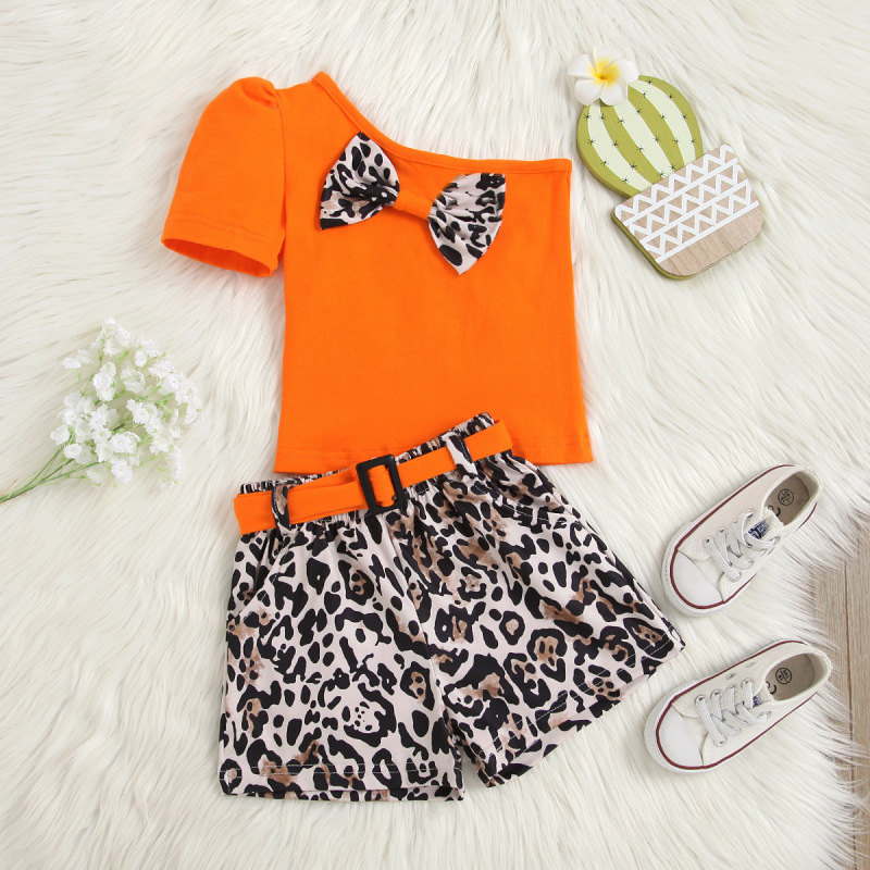 Conyson Summer Fashion Kids Girls Clothes Sets 3pcs Leopard Printed One Shoulder T-shirts Tops Shorts With Belt Baby Casual Suit