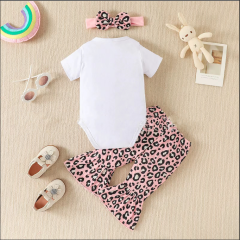 Conyson Low MOQ Summer Infant Toddler Cotton Short Sleeve Romper Leopard Bowknot Printed Pant Clothing Set Baby Girl Fall Outfit