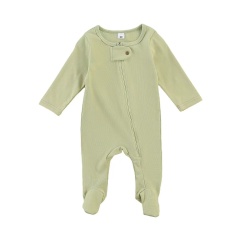 Conyson Wholesale Spring Newborn Clothes Solid Long Sleeve Infant Clothing With Foot Crew Neck Soft Cotton Baby Girls Zip Romper