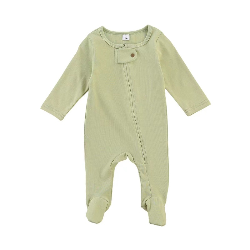 Conyson Wholesale Spring Newborn Clothes Solid Long Sleeve Infant Clothing With Foot Crew Neck Soft Cotton Baby Girls Zip Romper
