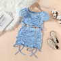 Conyson Wholesale Fashion Toddler Kids Girls Clothes Sets Summer Solid Tie-Up Straps Sleeve Crop Tops + Elastic Waist Ruffles