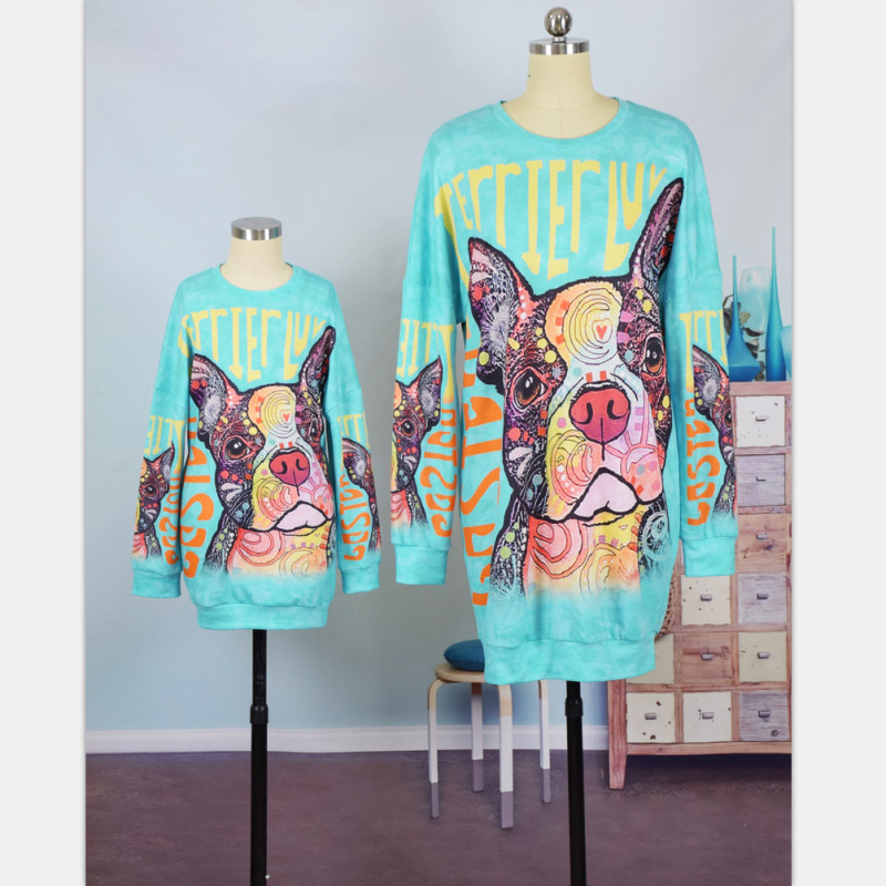 Digital Printing Cartoon Parent-Child Longline Mommy And Me Outfits Matching Pullover Baby Girl Sweatshirt Long Sleeve Dress