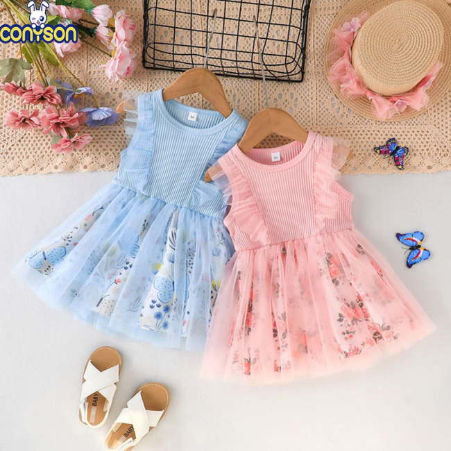 Conyson Arrival Summer Sleeveless Ruffle Kid Cotton Print Splicing Girl Dresses 1-5 Years Birthday Clothing Baby Girls Dresses