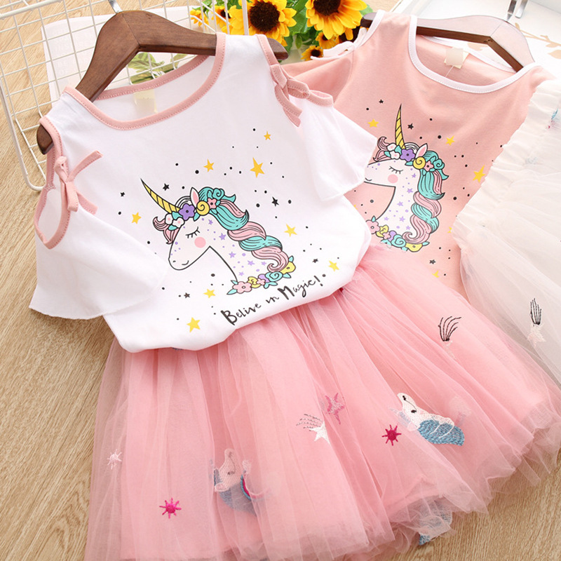 Pink Hot Sale Unicorn Skirt Fall Wholesale Baby Girls Children Boutique Off Shoulder Casual Summer Kids Clothing Princess Dress