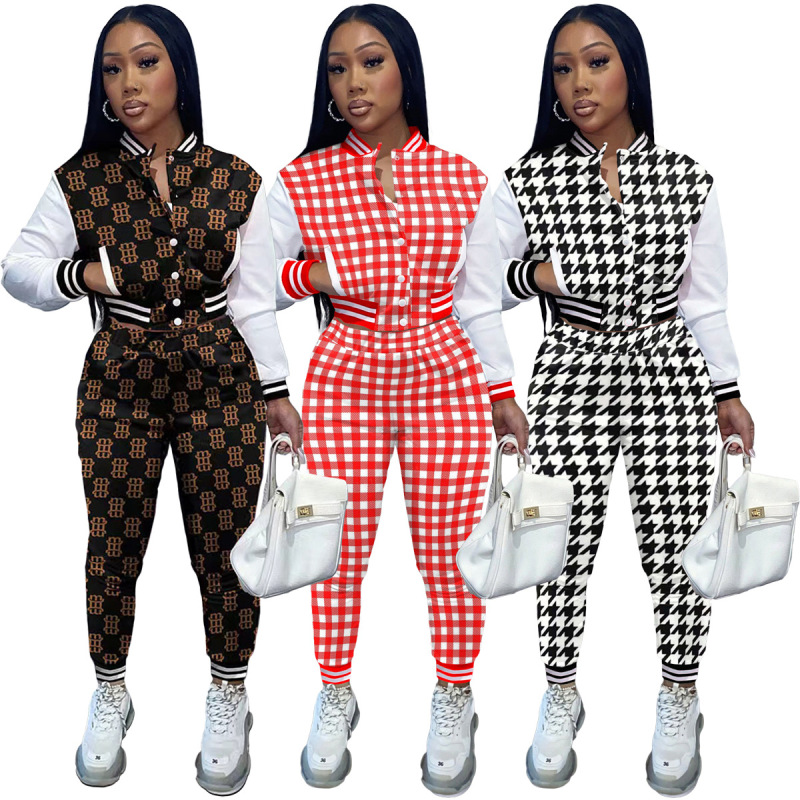 Western Style Amazon Hot Sale Autumn Sweatsuit Fashion Leisure Print Spliced Long-Sleeved Baseball Jacket 2 Pieces Women Suit