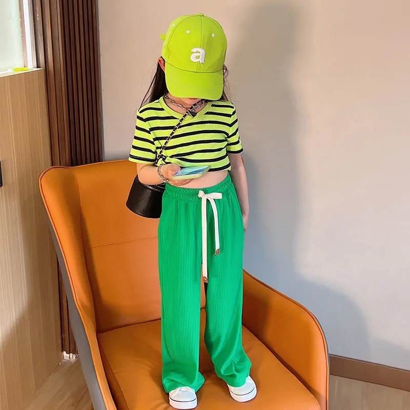 Conyson Summer Western Style Striped Short Sleeve Pink 5-10 Years Anti-mosquito Girls 2 Piece Short Set For Kids Clothing Set