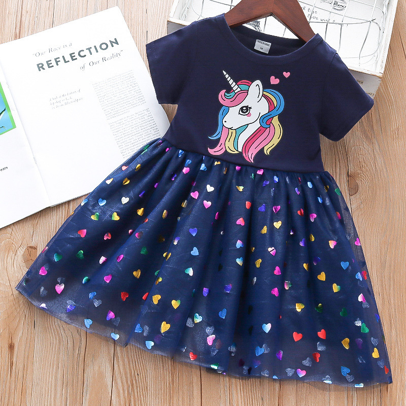 Conyson New Summer Girls Dress Cotton Cartoon Unicorn Splicing Mesh Party Princess Dresses For 2-6 Years Girls Birthday Clothes