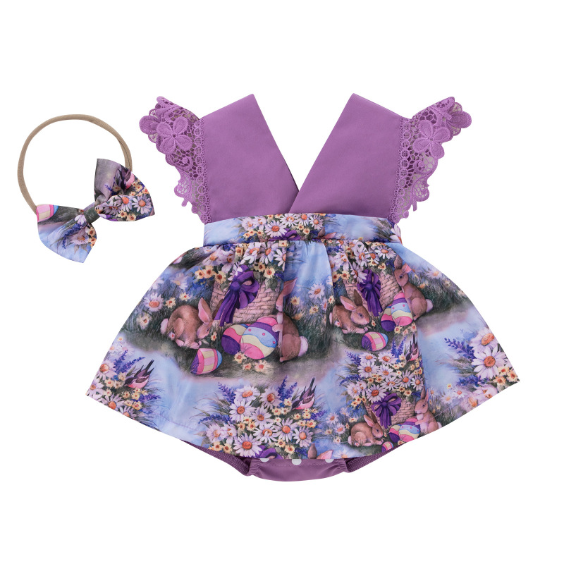 Conyson Wholesale Kids Clothes Baby Summer Short Sleeve Easter Gift Bunny Rabbit Print Purple Lace Princess Romper Headband Set