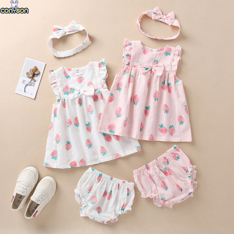 Conyson direct sales wholesale price 0-2Y bunny sleeveless ruffle floral strawberry sweet with bow 3 Pieces cute baby rompers