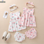 Conyson direct sales wholesale price 0-2Y bunny sleeveless ruffle floral strawberry sweet with bow 3 Pieces cute baby rompers