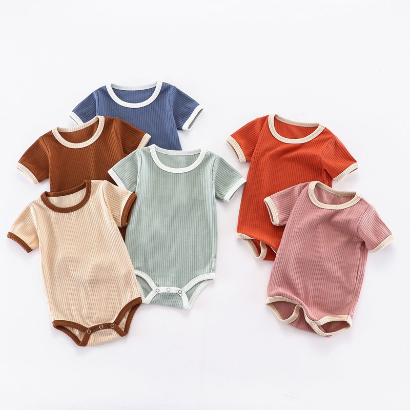 Conyson Custom Summer Hot Sale Wholesale Knitted Stripes Short Sleeve Kids Baby Clothes Ribbed Jumpsuit Unisex Boys Rompers