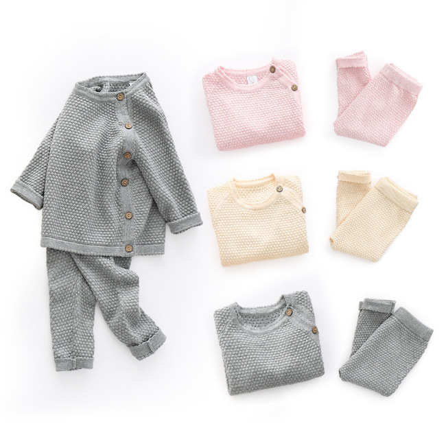 2022 Autumn Winter 100% Cotton Knitting Sweater Baby Sets Warm Botton Long Sleeve Top Pants 2pcs Newborn 0-3 Years Baby Clothes