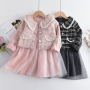 Conyson Wholesale Winter Children's Girls Clothes Sets Plaid Jacket Princess Vest Mesh Tutu Dress 2 Piece Little Girl Outfits