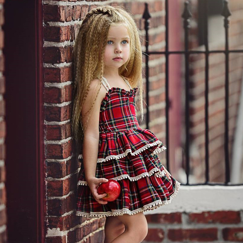 Conyson Red Plaid Print Lace Girls Dresses Tutu Party Camisole Suspender Dress Summer Sleeveless Princess Dress Baby Girl Outfit