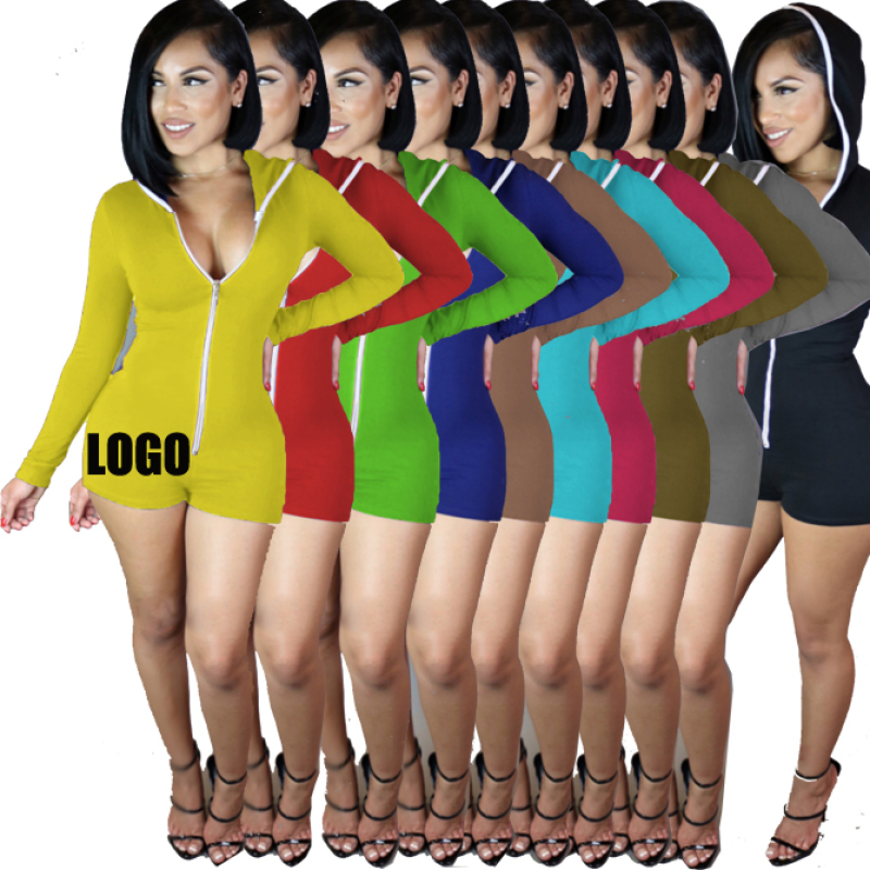 hot sale fashion summer sexy women elastic S-XL clothes one piece solid color Jumpsuit zipper adult lady short clothing hoodie