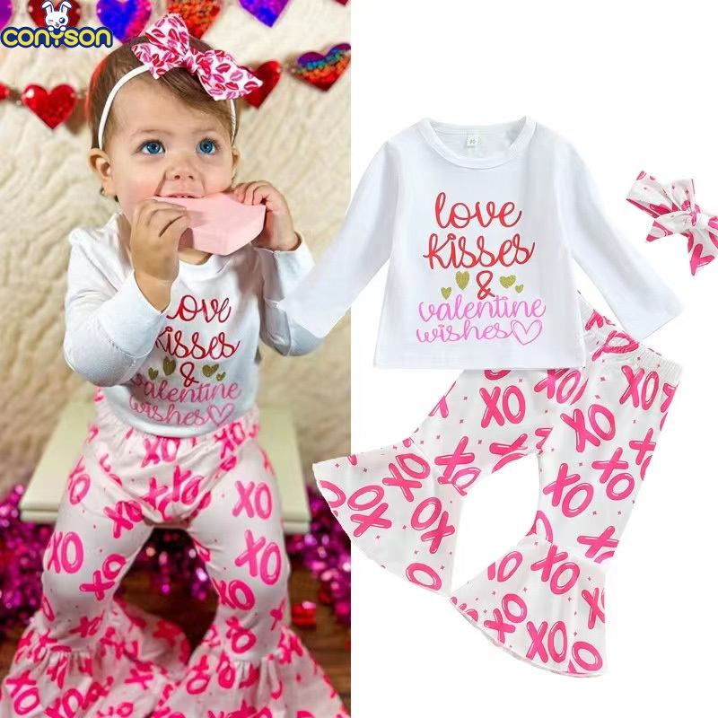 Conyson New Style Spring Autumn Long Sleeve Letter Printing With Headband Girls Kids Valentine's Day Two Piece Girl Clothes Set