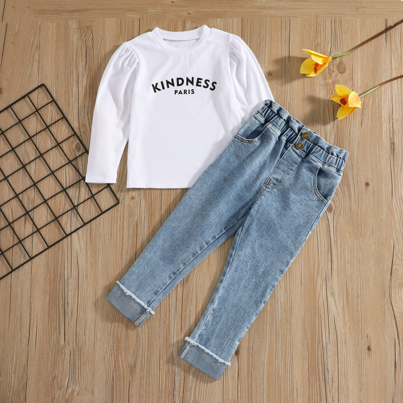 Conyson Spring Fall Custom 2Pcs Outfits Puff Sleeve+Denim Pants Cute Kids Casual Wear Girls Clothing Sets